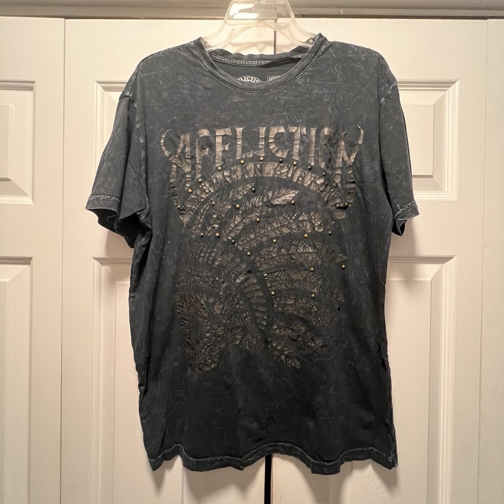 Dark Gray Affliction T-Shirt Men's L Native American Skull Headdress Metal Studs